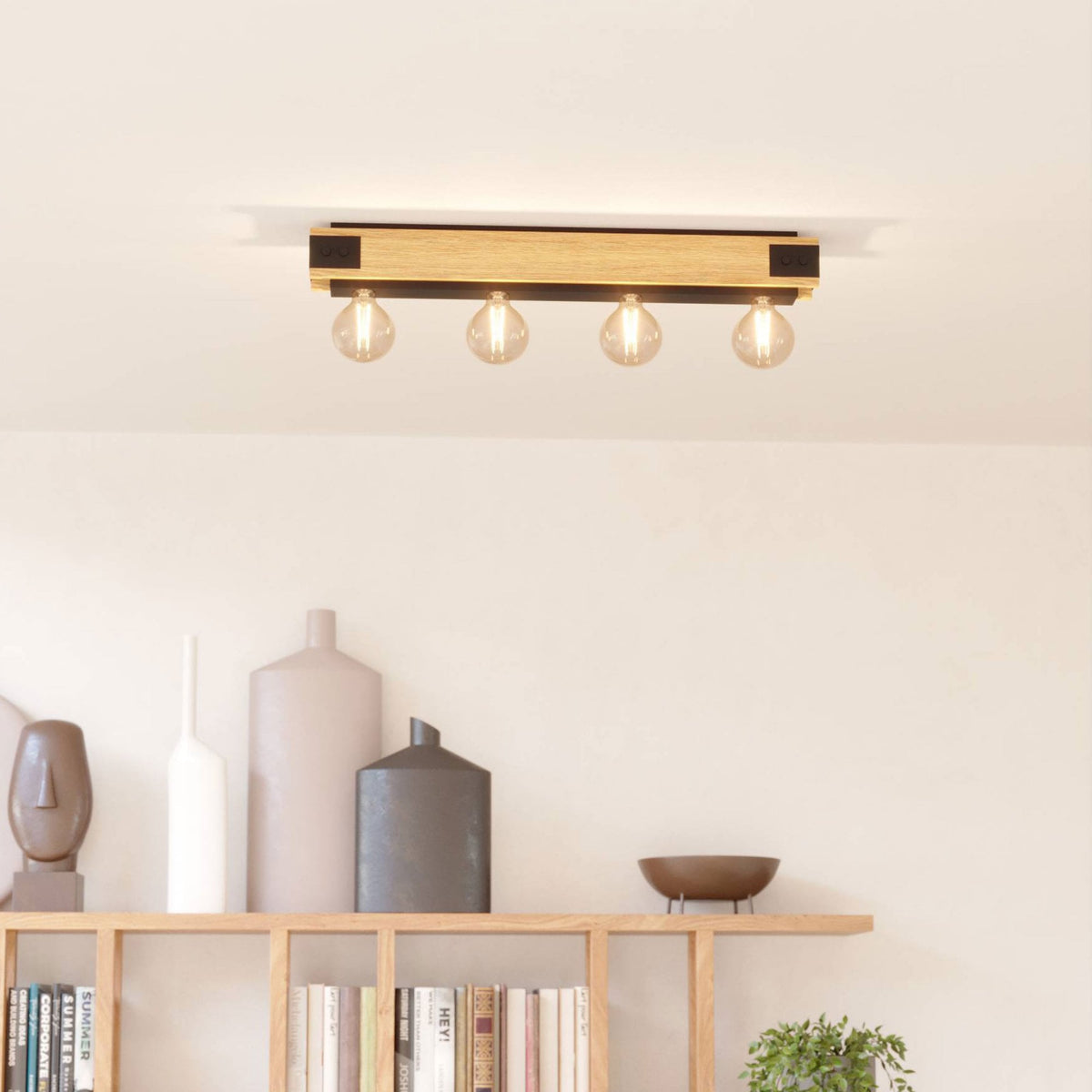 Layham Four Lamp Linear Ceiling Light in Black with Natural Wood