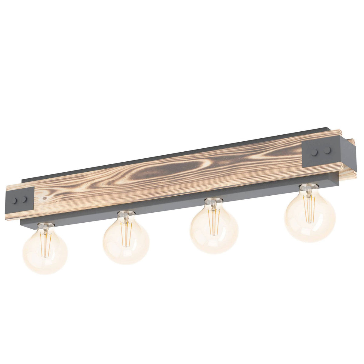 Layham Four Lamp Linear Ceiling Light in Black with Natural Wood