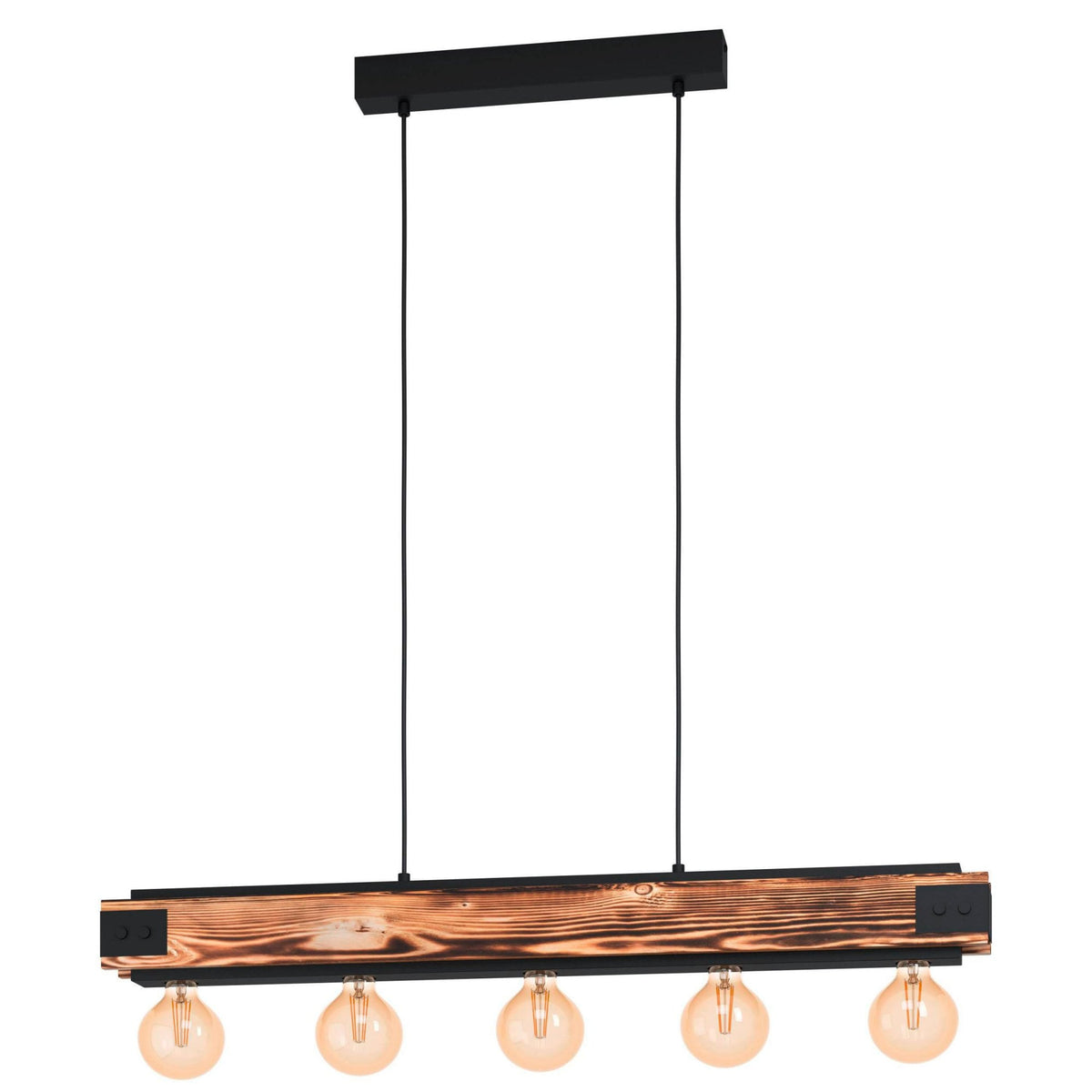 A long wooden beam light fixture with five exposed bulbs, hanging from two black cables.