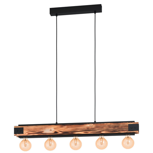 A long wooden beam light fixture with five exposed bulbs, hanging from two black cables.