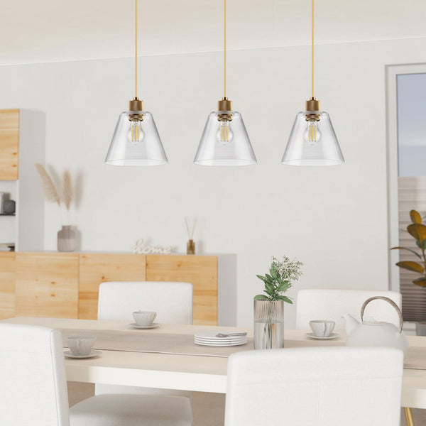 Copley Triple Drop Linear Pendant in Gold with Clear Glass Shades