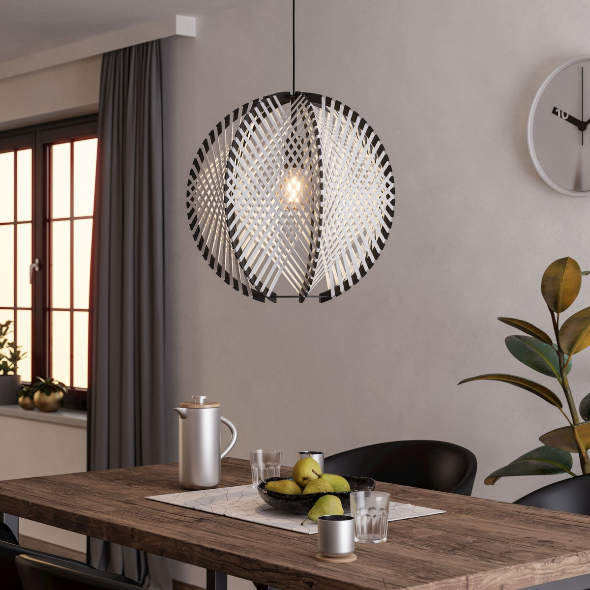 Waverton Single Pendant In Black With White Woven Fabric
