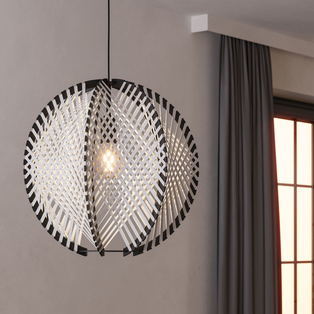 Waverton Single Pendant In Black With White Woven Fabric