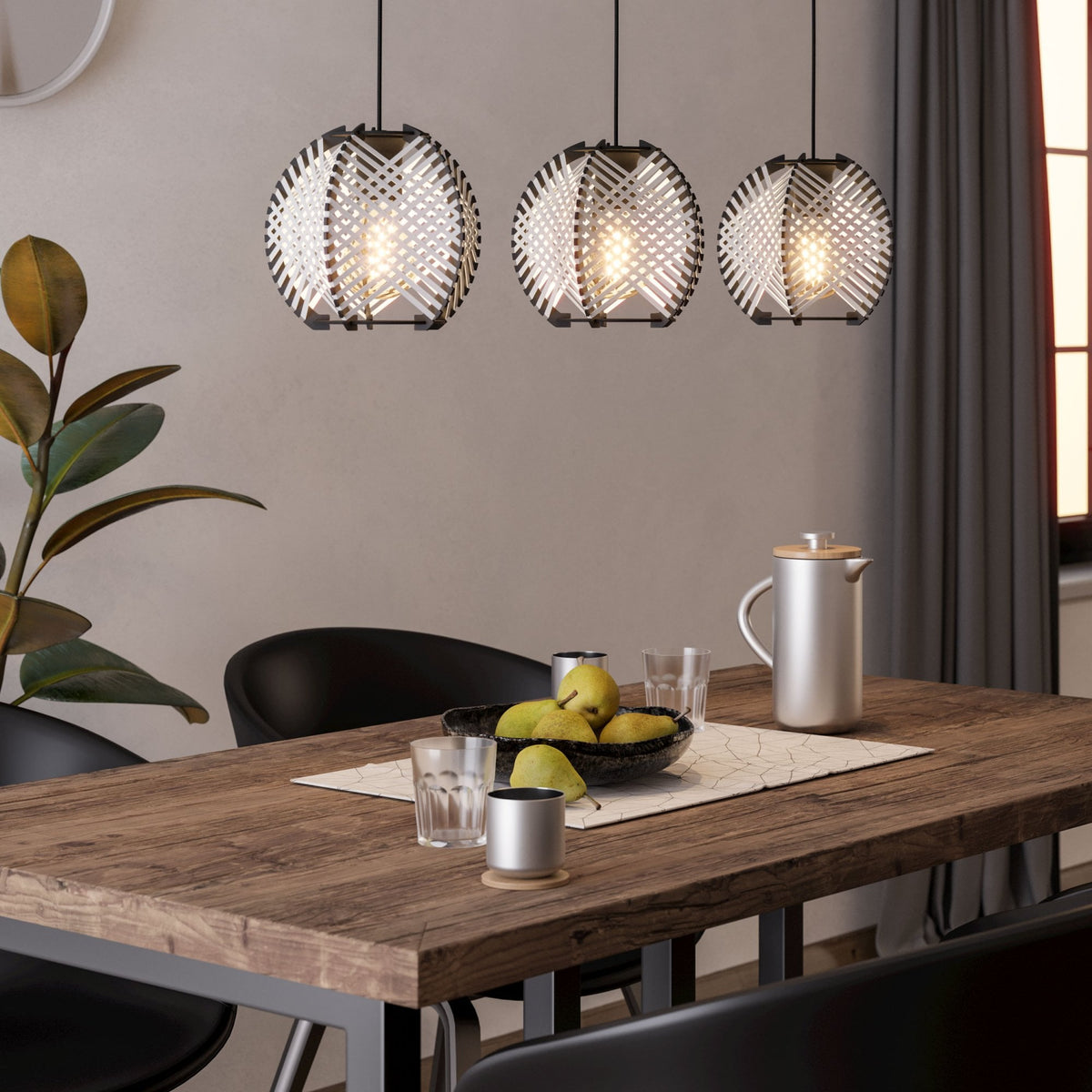 Waverton Linear Pendant In Black With White Woven Fabric