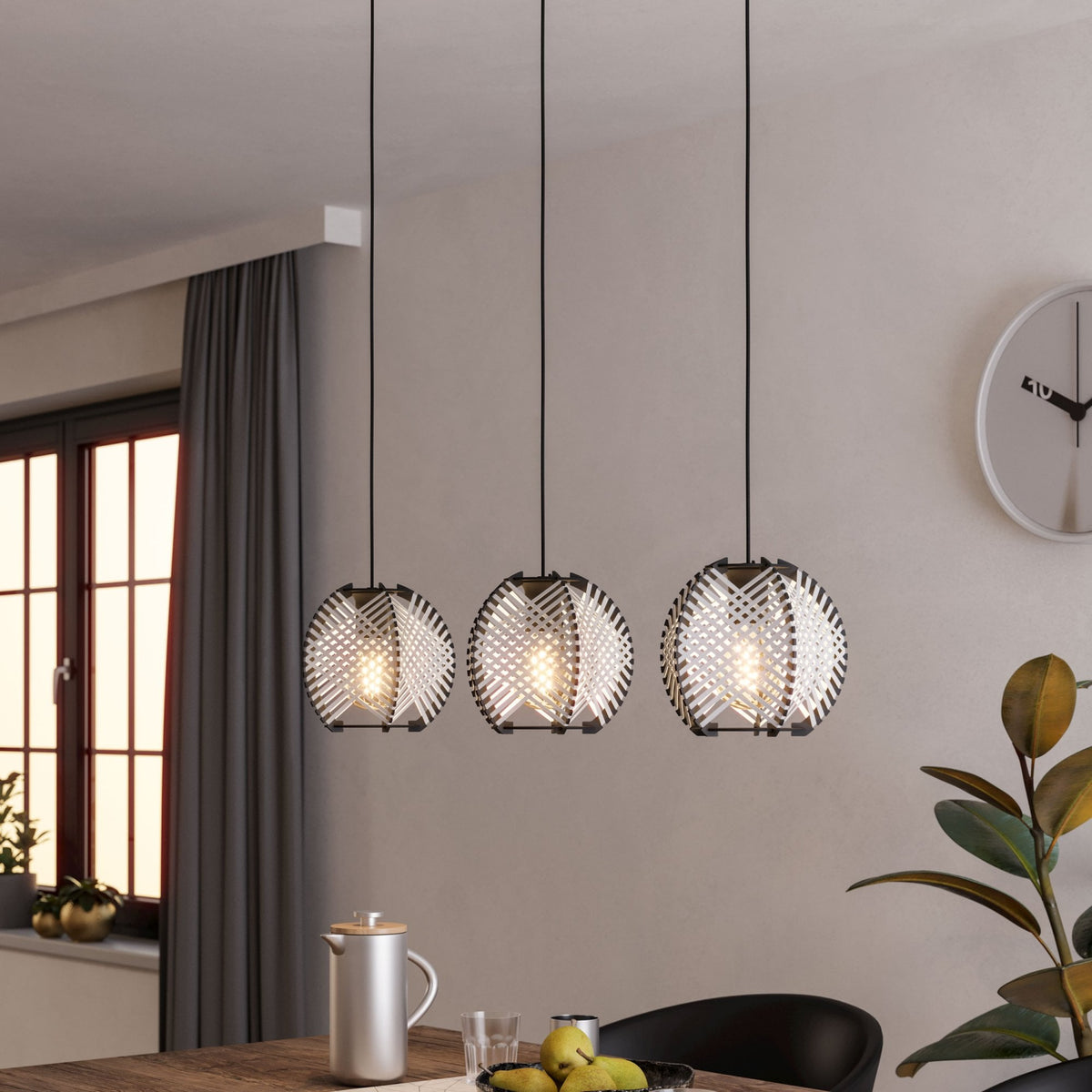 Waverton Linear Pendant In Black With White Woven Fabric