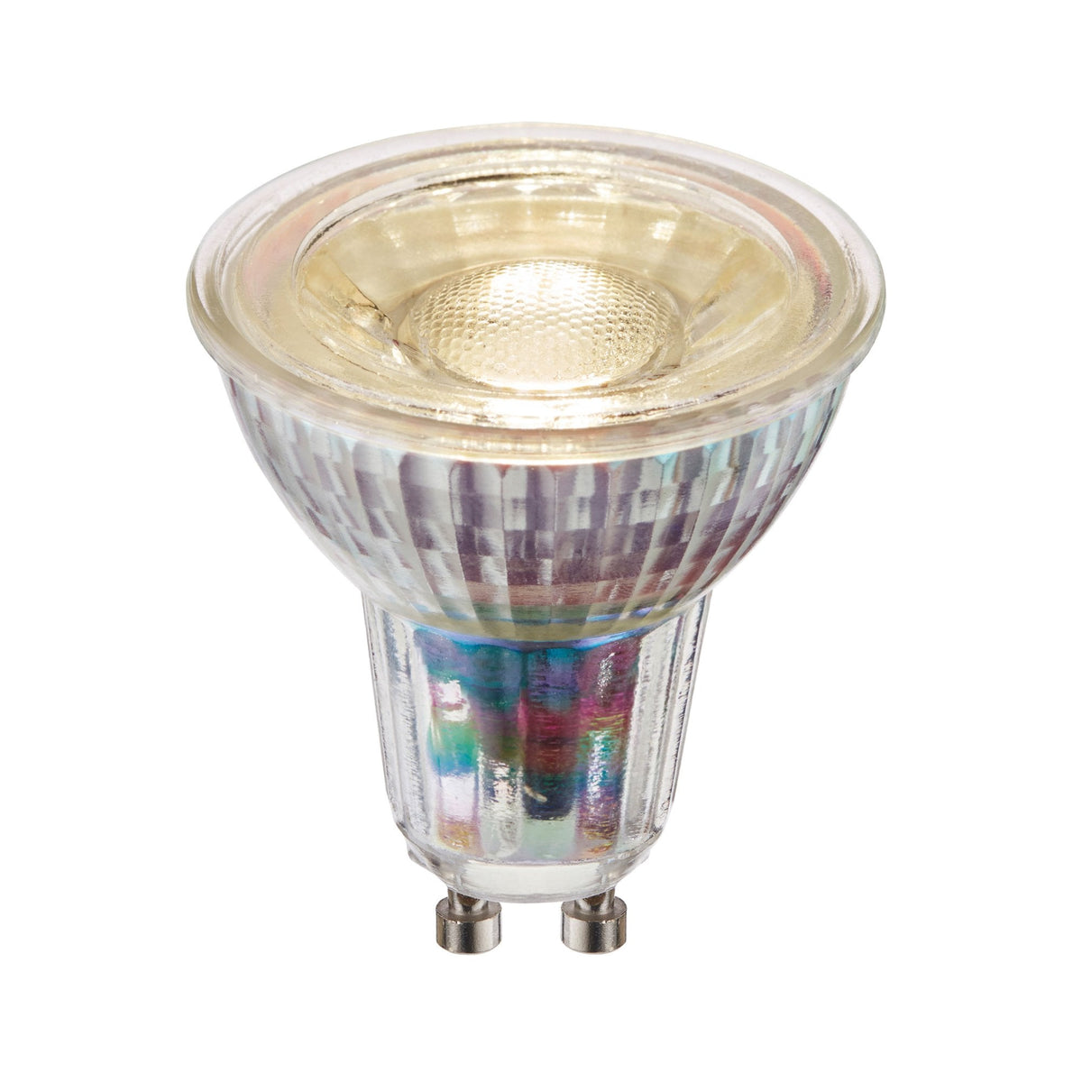 Energy-efficient LED GU10 spotlight bulb on a white background.