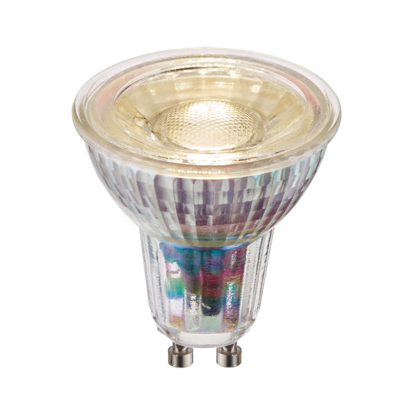 Energy-efficient LED GU10 spotlight bulb on a white background.