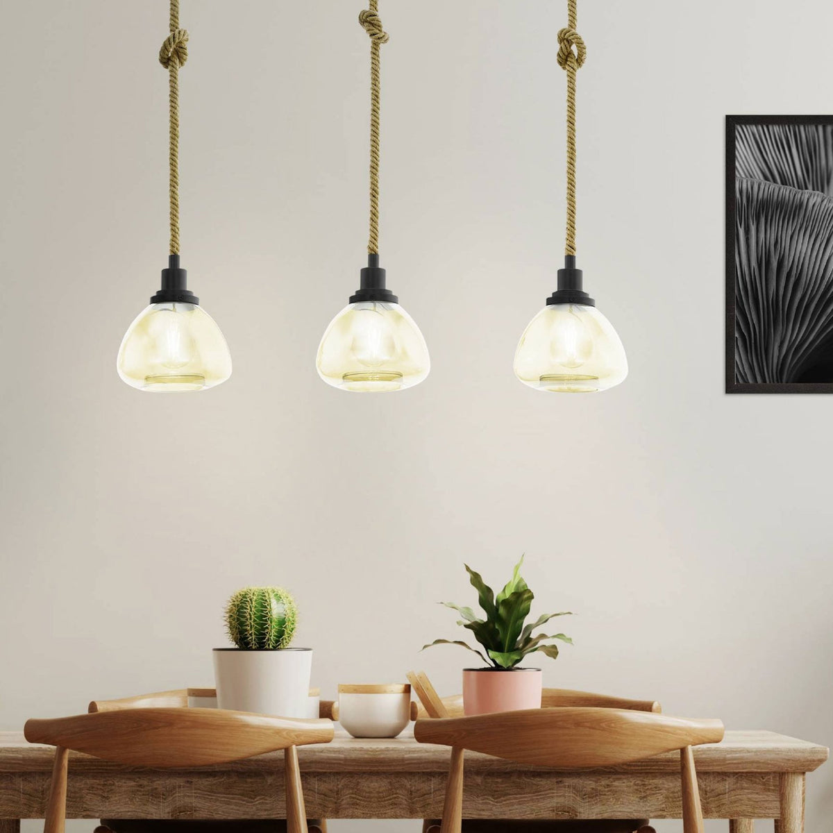 Rampside Three Drop Hemp Rope Linear Pendant with Amber Vaporized Glass Shades