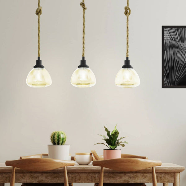 Rampside Three Drop Hemp Rope Linear Pendant with Amber Vaporized Glass Shades