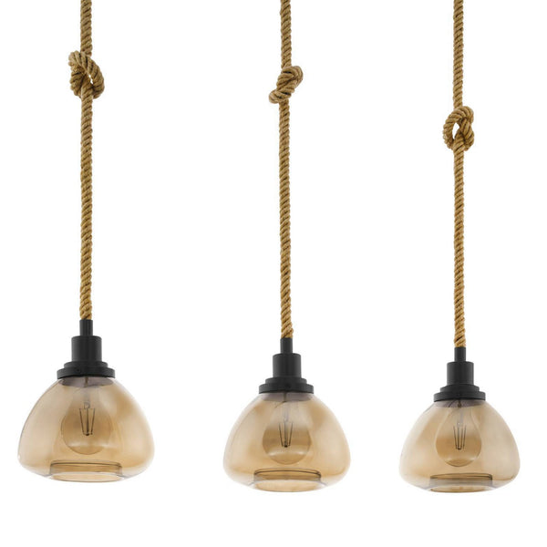 Rampside Three Drop Hemp Rope Linear Pendant with Amber Vaporized Glass Shades