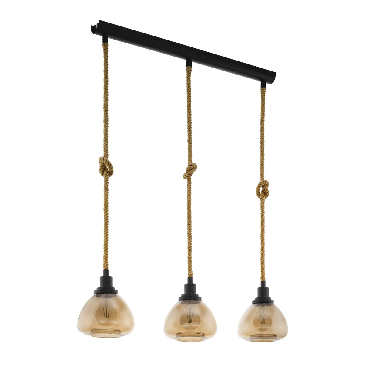 Rampside Three Drop Hemp Rope Linear Pendant with Amber Vaporized Glass Shades