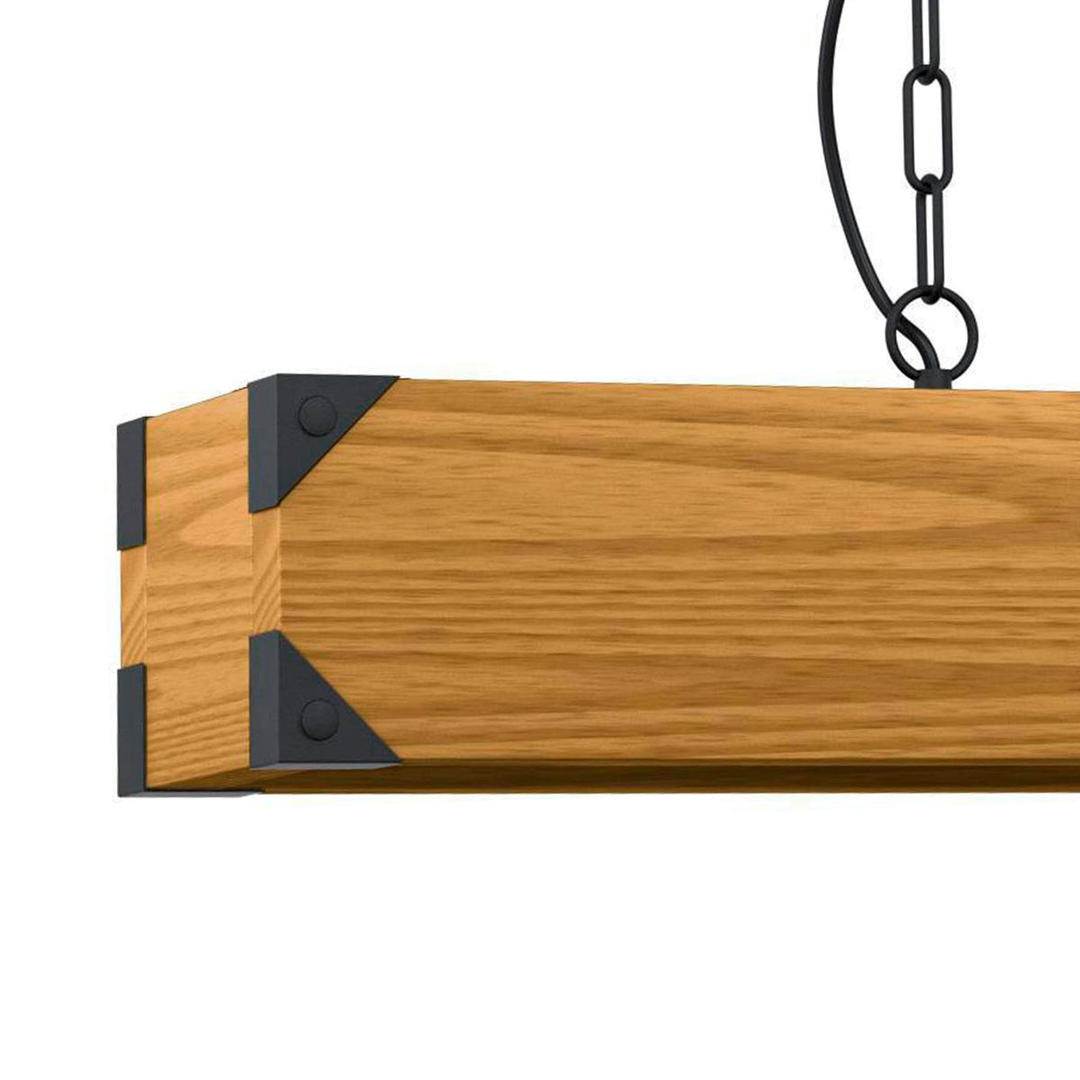 Wooden linear pendant with black metal brackets and a chain 