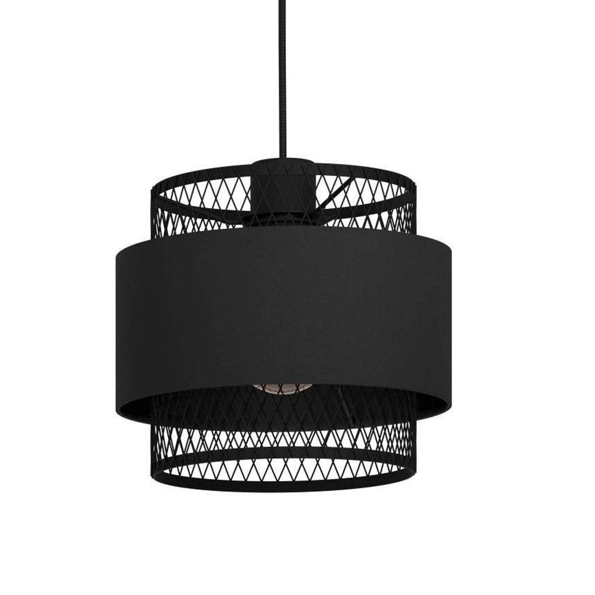 Bazely Triple Drop Pendant in Black Wire Mesh Surrounded by Black Fabric Bands