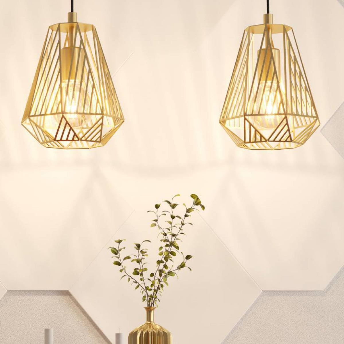 Stype Triple Drop Linear Pendant in Gold with Geometric Diamond-Shaped Lampshades