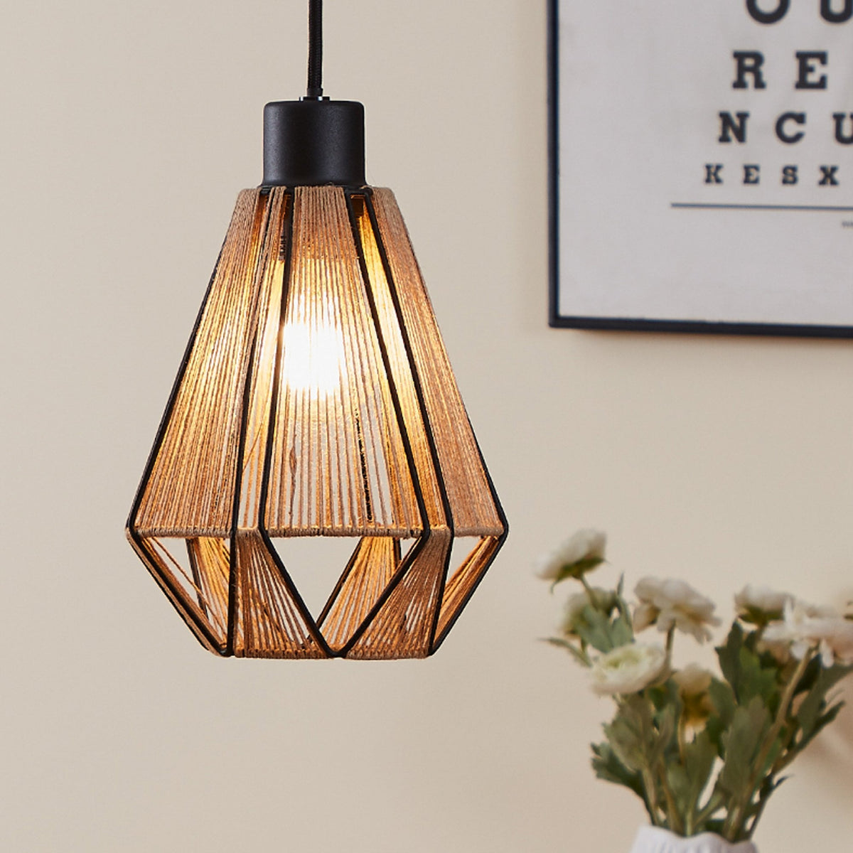 Adwickle Triple Drop Pendant in Black and Wrapped with Natural Hemp Yarn