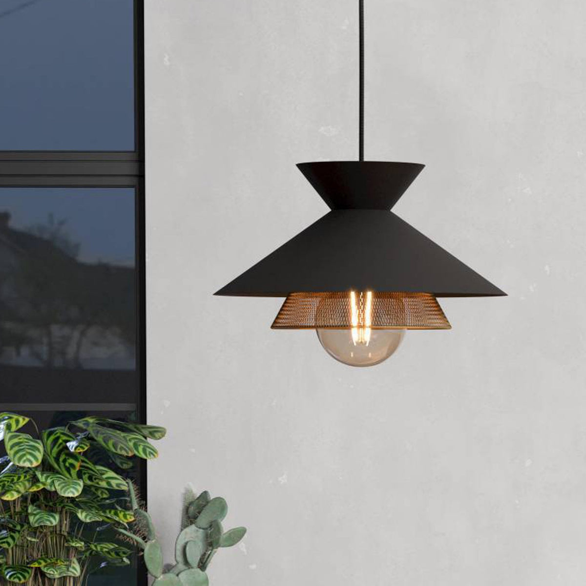 Grizedale Triple Drop Pendant with Black Metal Lampshades with an Inner Brass Elements