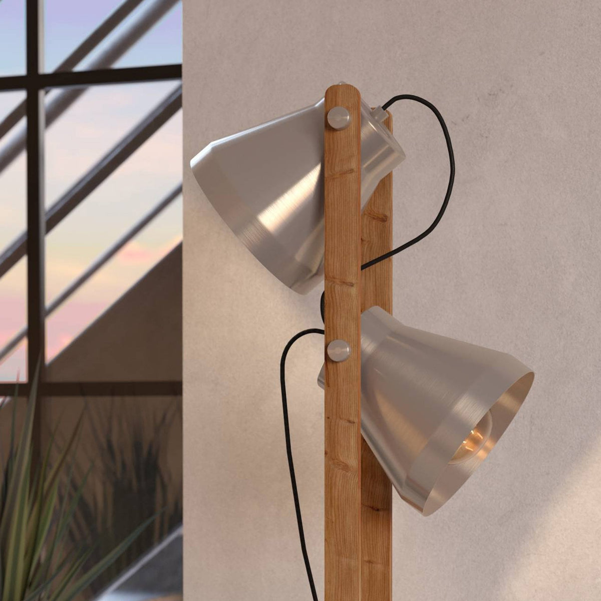 Cawton Floor Lamp with Wooden Detail and Steel Lampshade