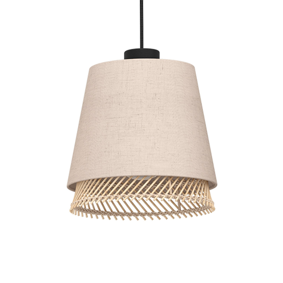 Tabley Triple Drop Linear Pendant with Two Layered Lampshades of Fabric and Bamboo