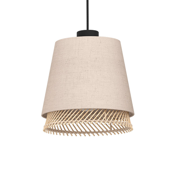 Tabley Triple Drop Linear Pendant with Two Layered Lampshades of Fabric and Bamboo