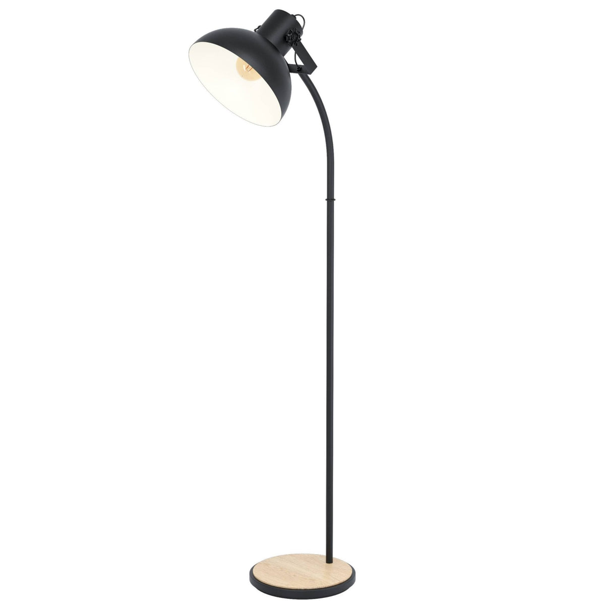 A sleek black metal floor lamp with a bright bulb and a round wooden base.