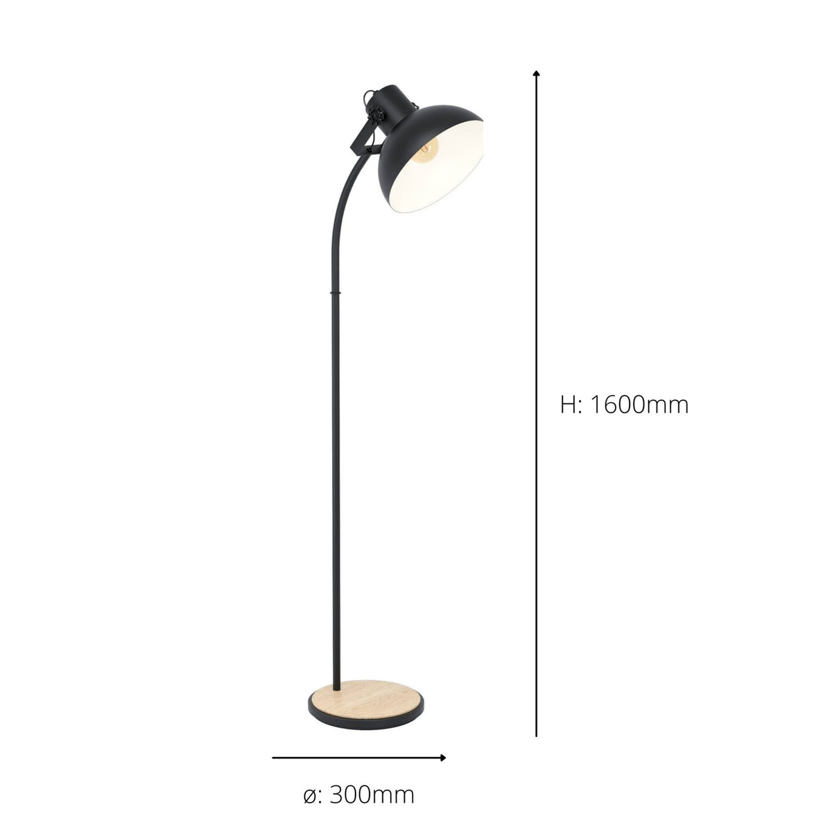 A black floor lamp with dimensions indicated: 1600mm height and 300mm base diameter.