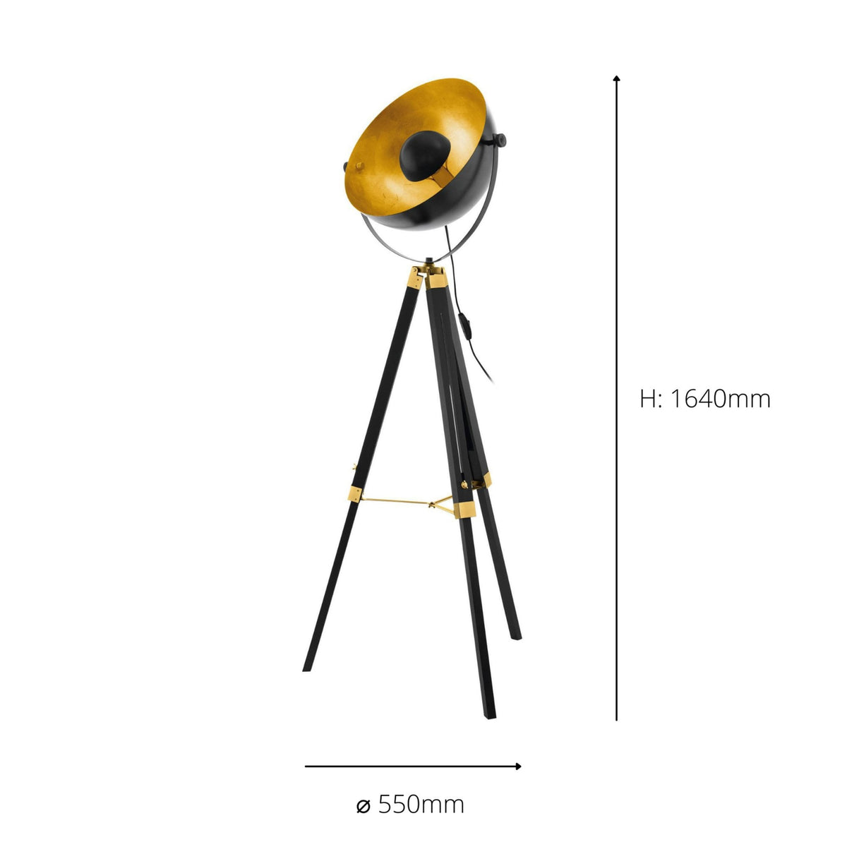 A black and gold industrial tripod floor lamp with height and diameter measurements.
