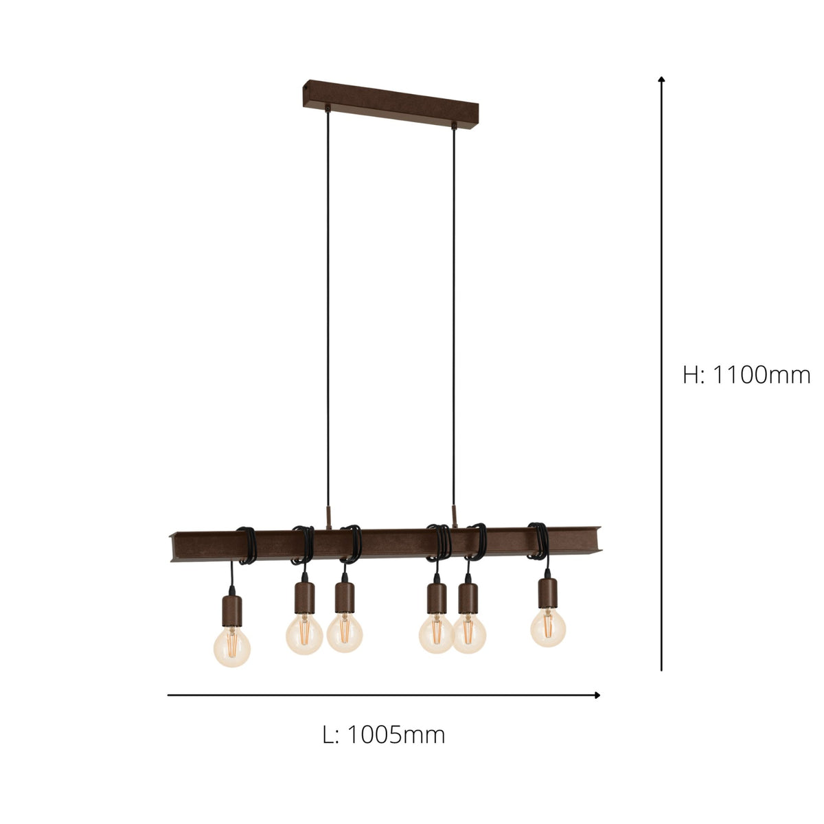 Townshend 4 Industrial Style Six Lamp Bar Pendant in Rust Brown
