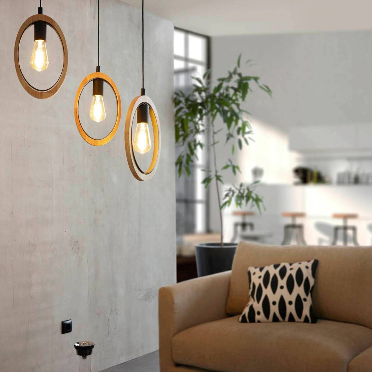 Basildon Triple Drop Pendant in Natural Wood