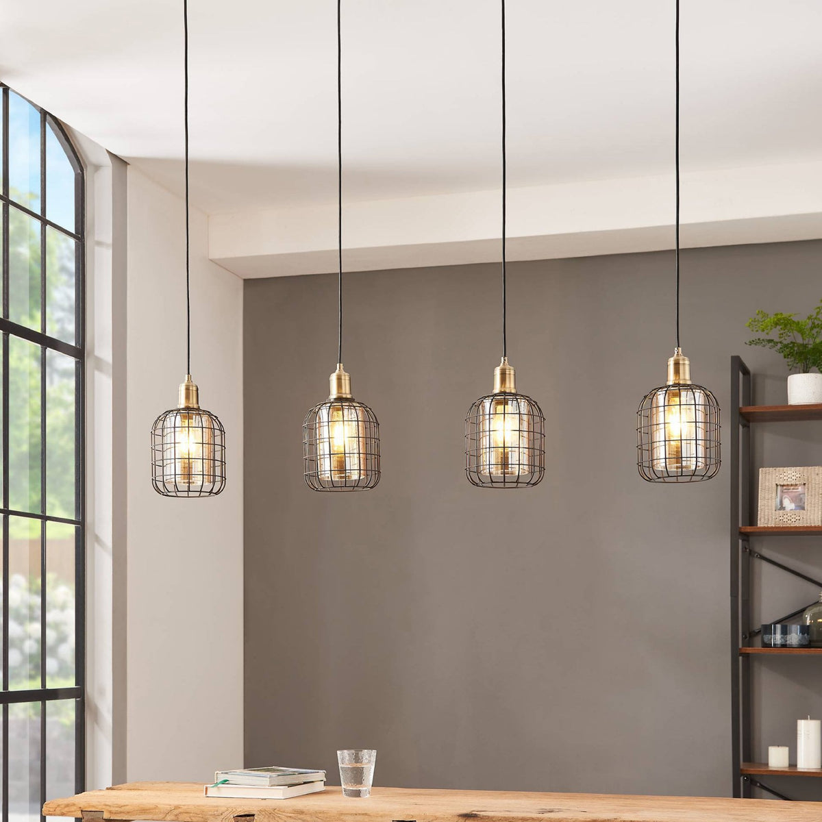 Chisle Four Drop Linear Pendant in Black & Bronze with Amber Vaporized Glass