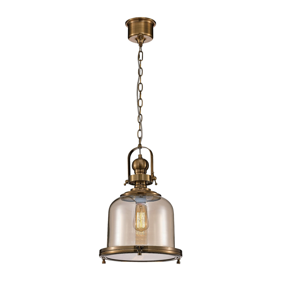 An antique brass pendant light with a clear bell-shaped glass shade and exposed filament bulb.