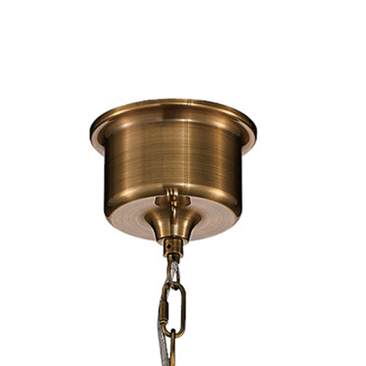 A close-up of the antique brass ceiling rose and chain link of a pendant light.