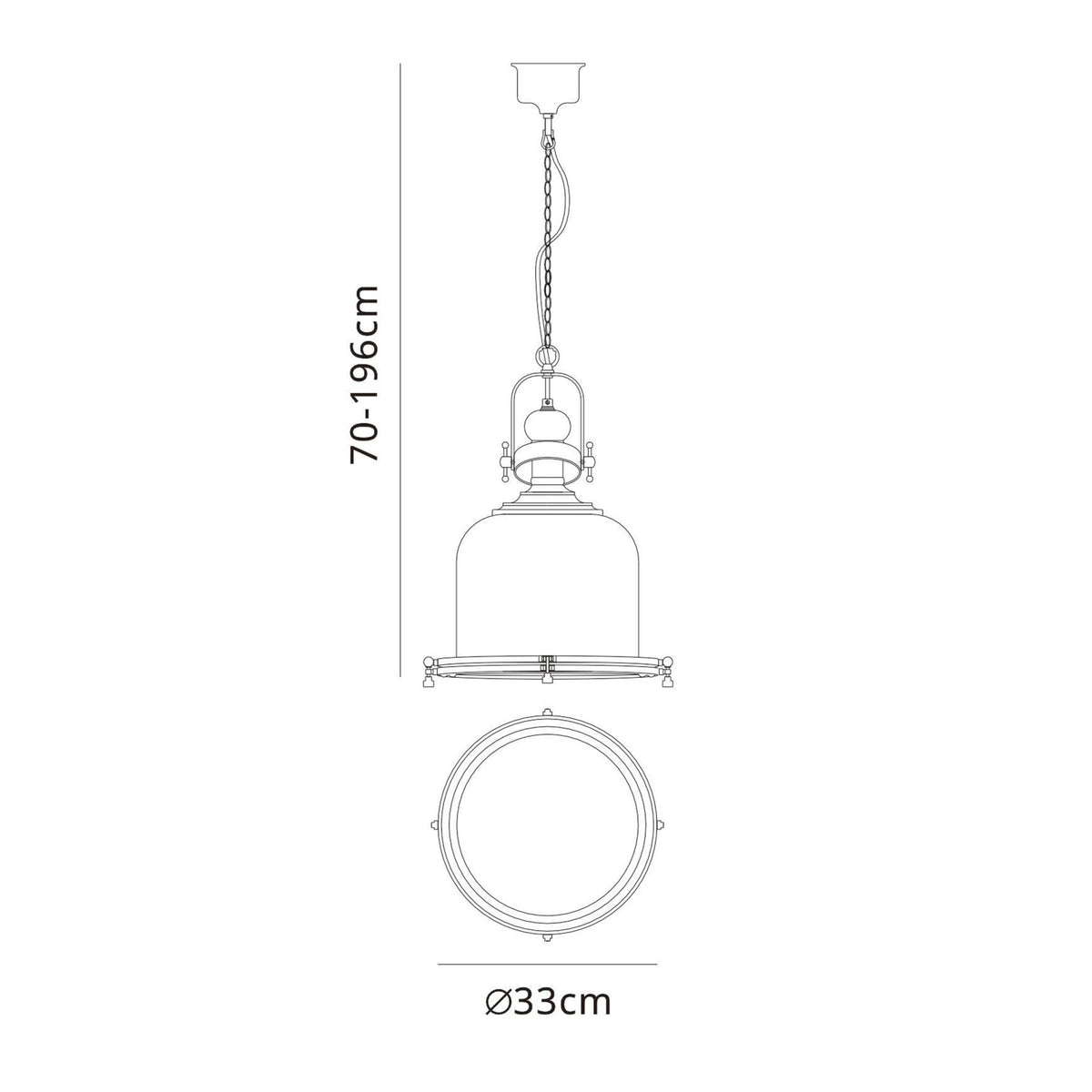 A line drawing of a pendant light with dimensions: height 70-196cm, diameter 33cm.
