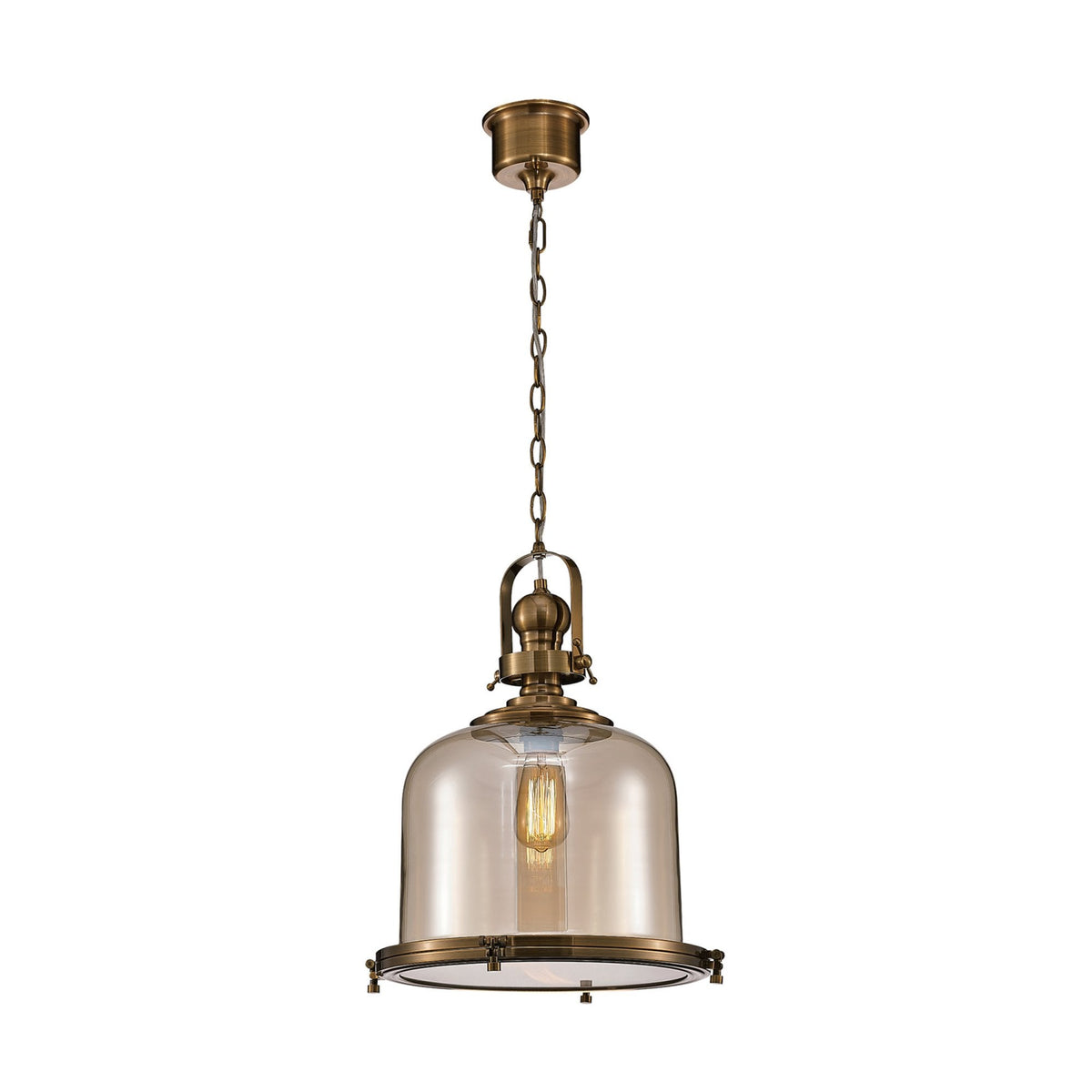 Large Vintage Pendant In Antique Brass With Amber Glass