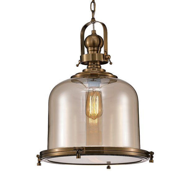 Large Vintage Pendant In Antique Brass With Amber Glass