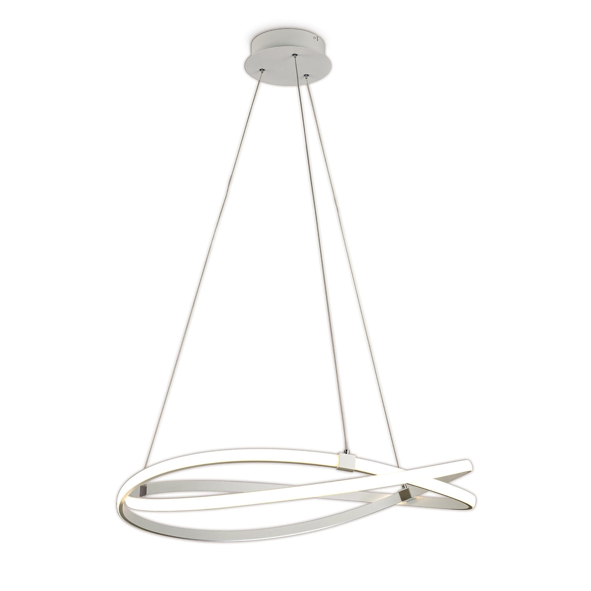 A modern white LED ceiling pendant light shaped like two intertwined rings on a white background.