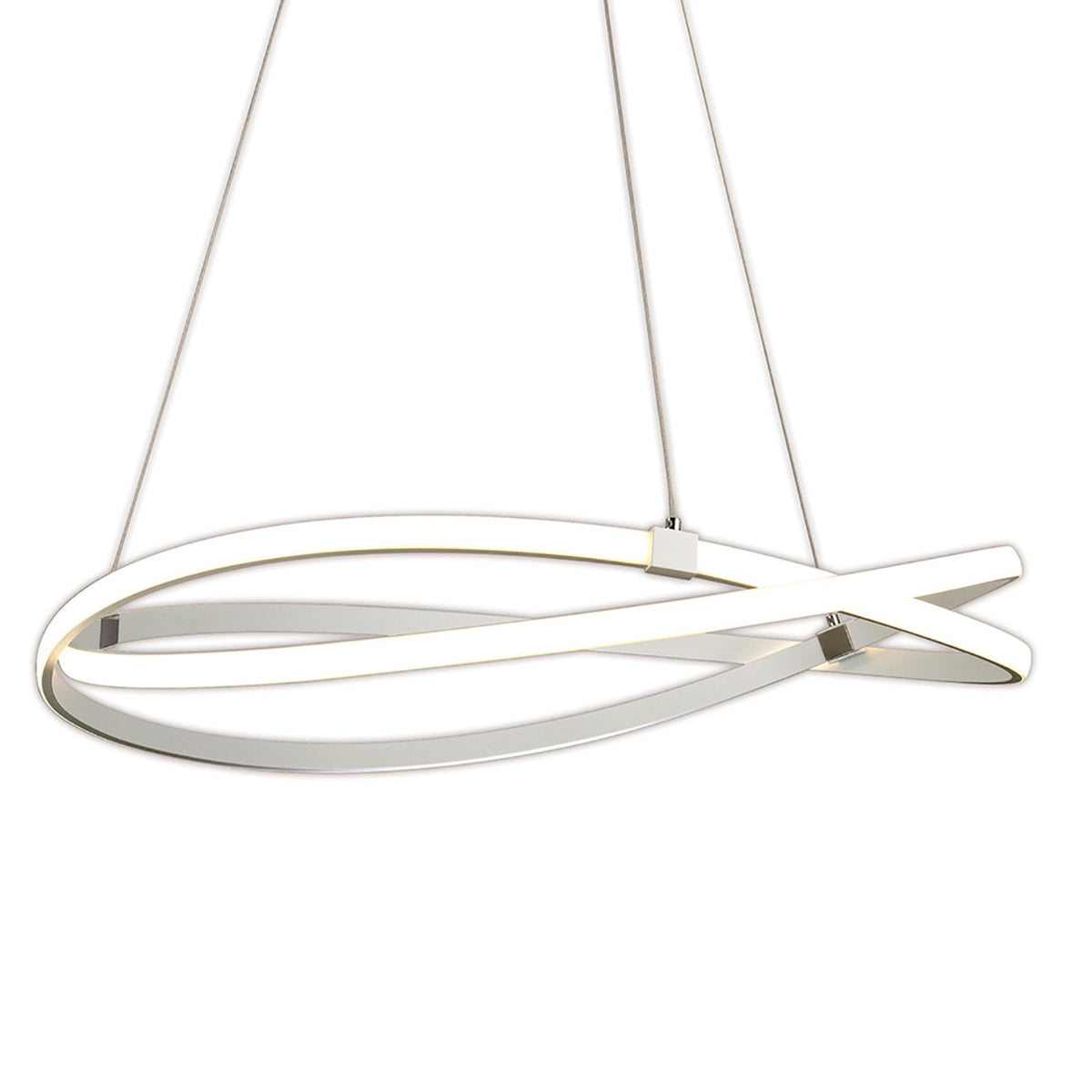 A close-up of a modern white LED ceiling pendant light shaped like two intertwined rings.