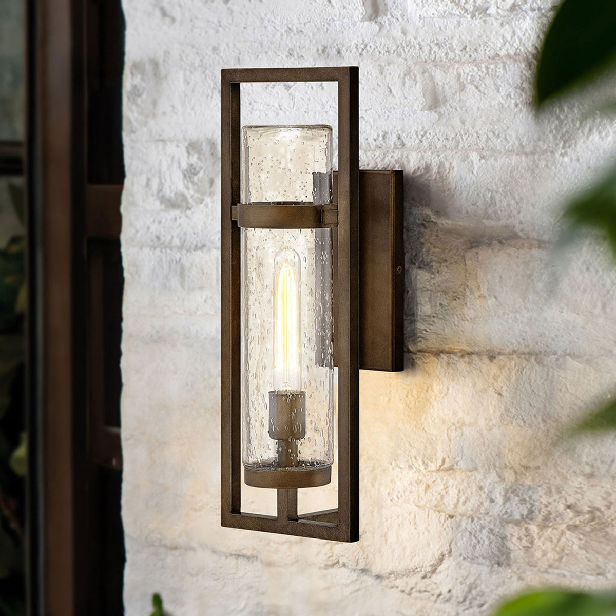 Cordillera IP44 Exterior Wall Light in Burnished Bronze with Seeded Tubular Glass