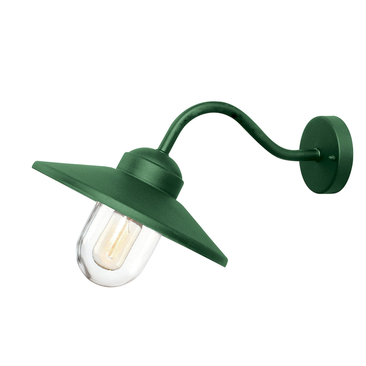 A single dark green barn light with a clear glass shade and exposed filament bulb.