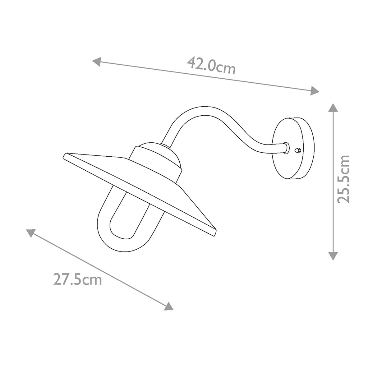 Line drawing of the barn light showing dimensions: 42.0cm wide, 25.5cm high, 27.5cm deep.