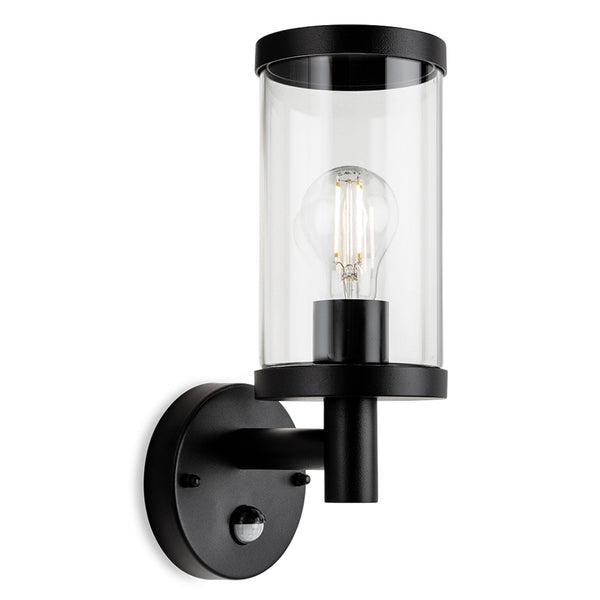 Lucas IP44 Up Wall Light in Black with PIR and Clear Glass