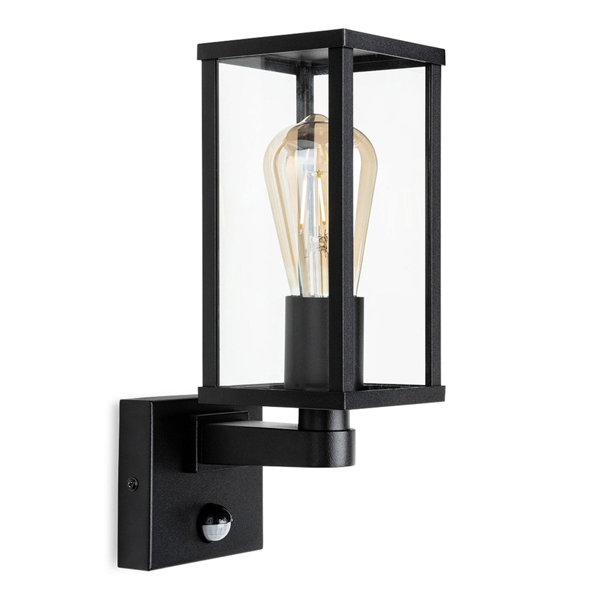 A modern black outdoor wall light with a clear glass shade and exposed filament bulb.