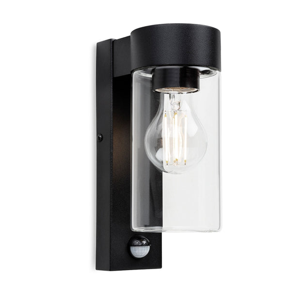 Zara IP44 Down PIR Wall Light in Black with Clear Glass