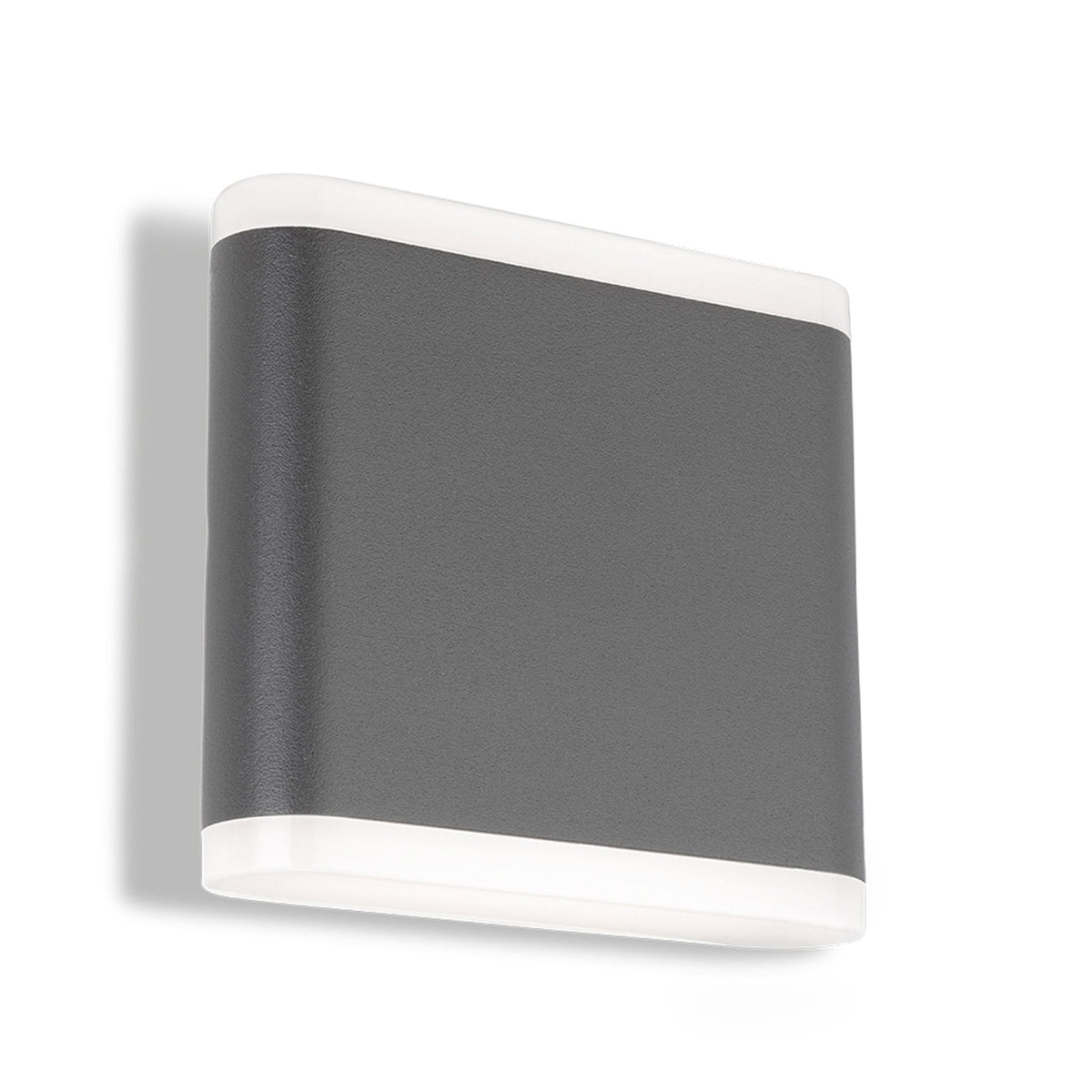 A modern grey and white rectangular wall light casts light upwards and downwards on a white wall.