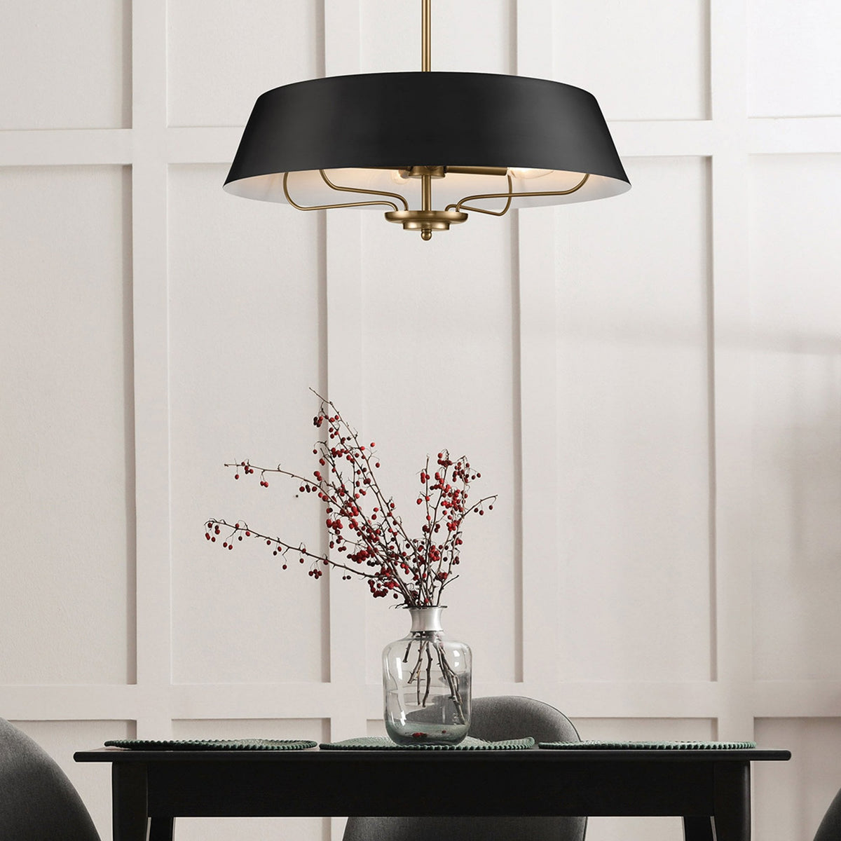 Luella Four Light Dual Mount Pendant or Semi Flush in Black and Brass