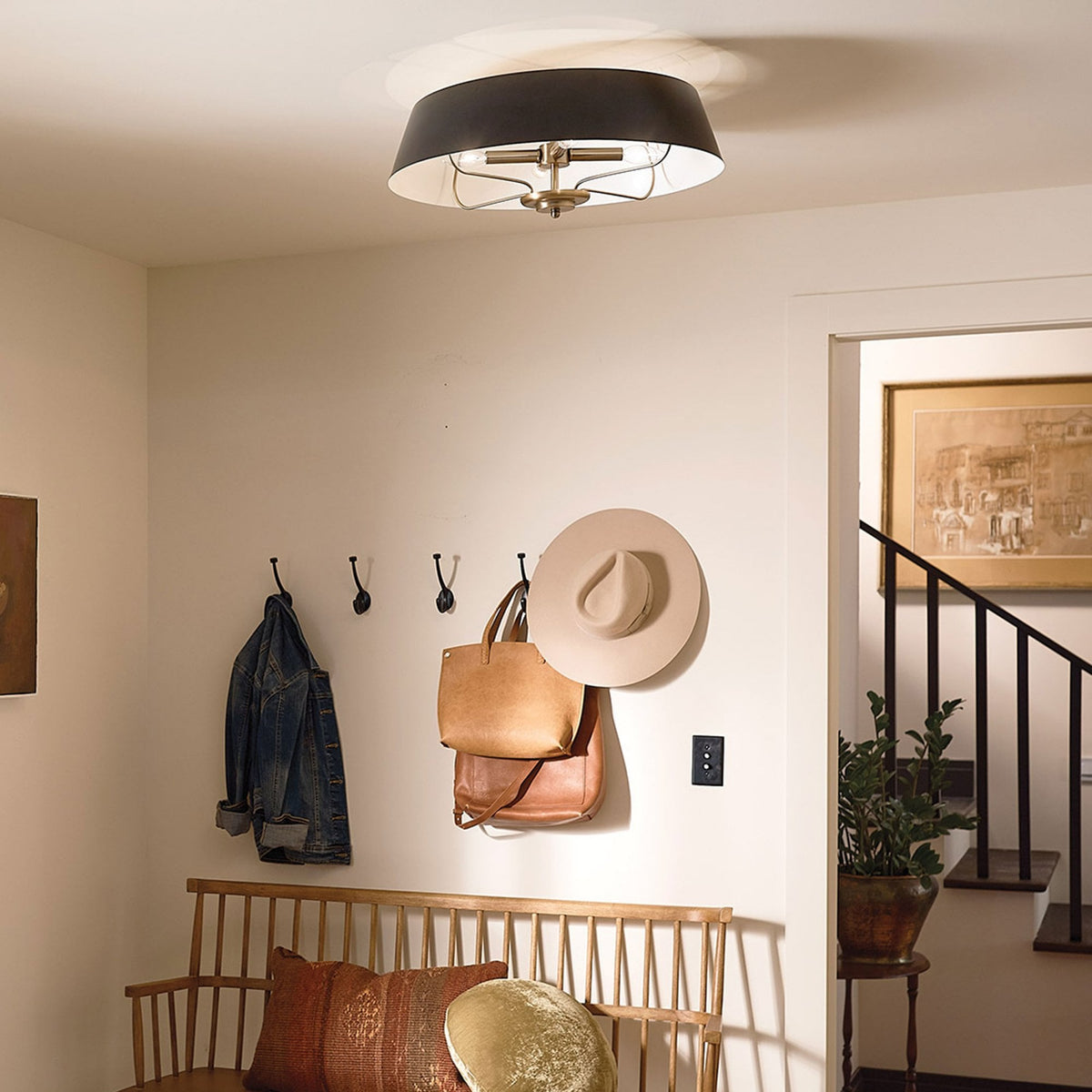 Luella Four Light Dual Mount Pendant or Semi Flush in Black and Brass