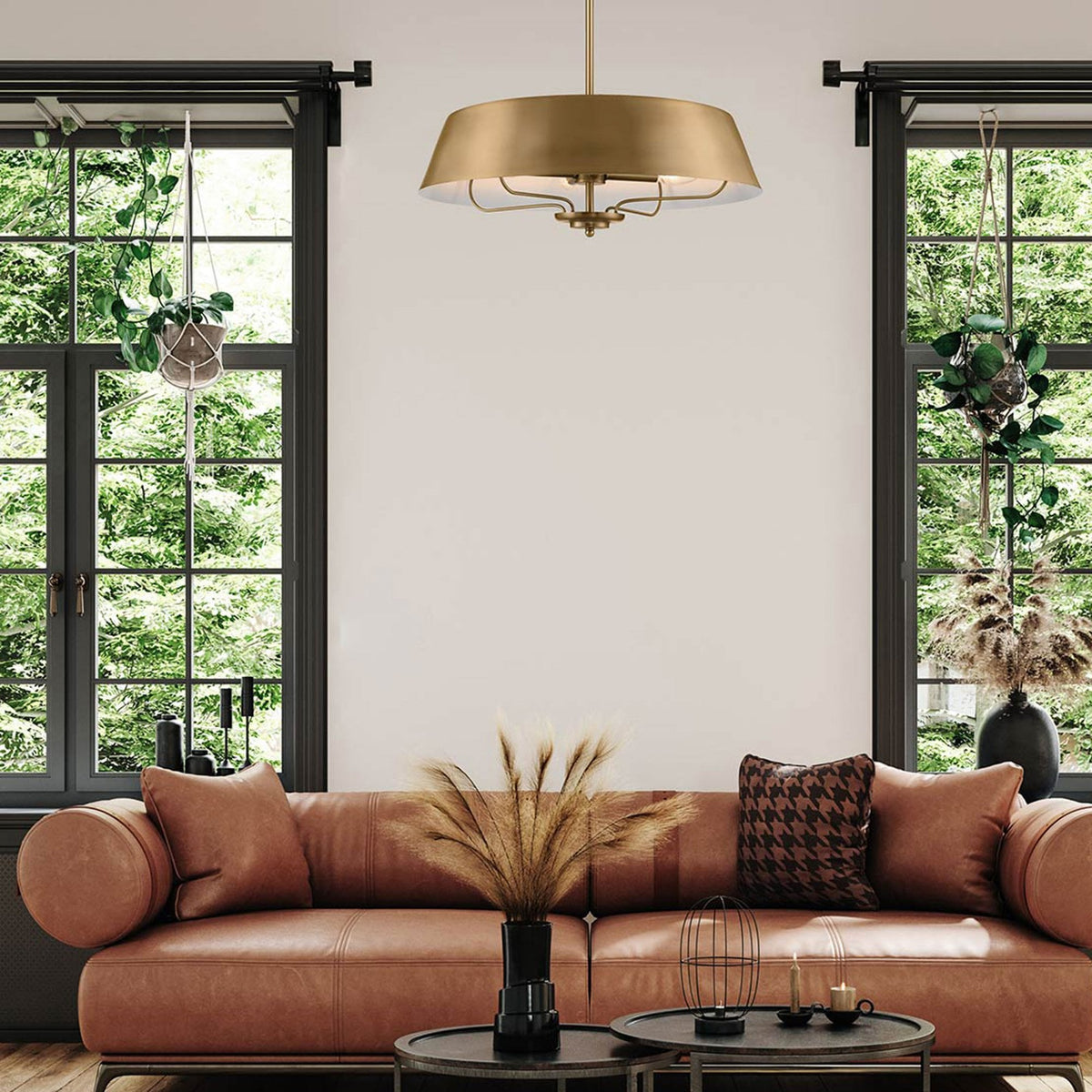 Luella Four Light Dual Mount Pendant or Semi Flush in Brushed Natural Brass