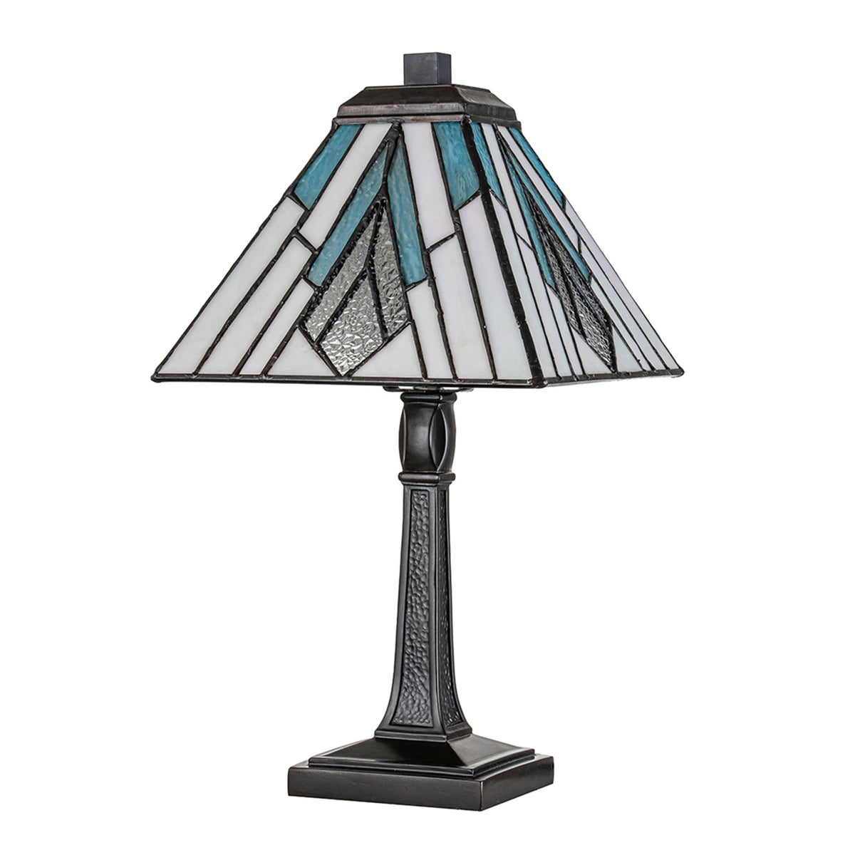 Table lamp with rectangular Tiffany glass shade in white, clear, and blue. Black metal base.