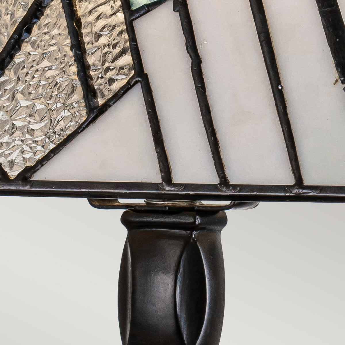 Detail of the lamp's shade connection to the base, highlighting glass textures.