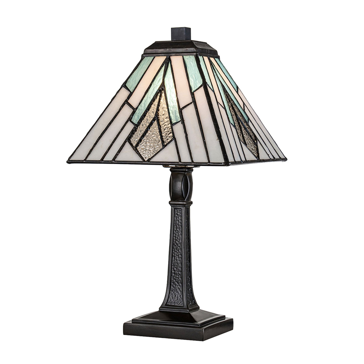 A Tiffany-style table lamp with a geometric shade in blue, white, and clear glass.