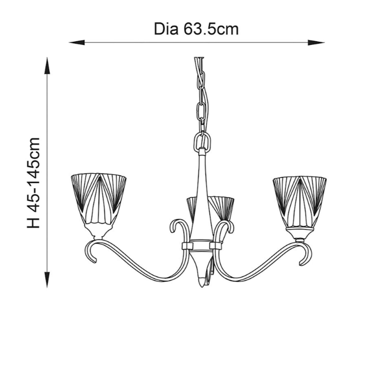 Line drawing of the chandelier showing dimensions: height 45-145cm, diameter 63.5cm.